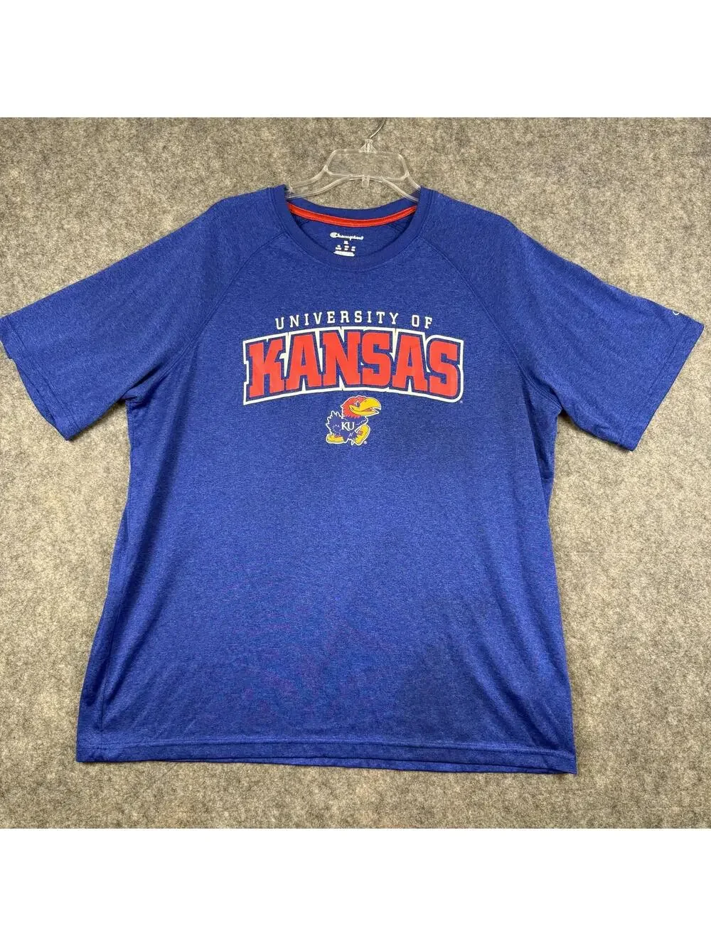 Champion Kansas Jayhawks Men’s Performance T Shirt Blue Red Logo Size XL EUC 453 - Picture 2 of 7